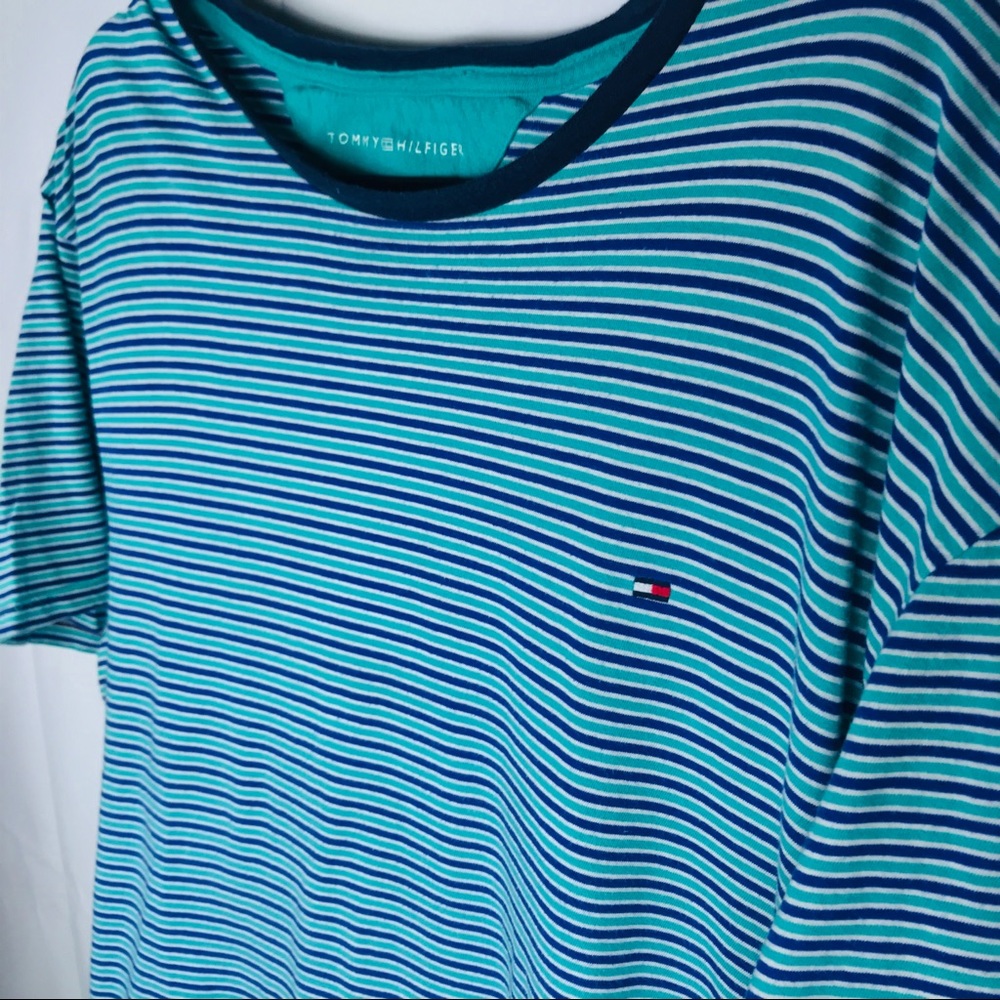 Tommy Hilfiger Mens T-Shirt Teal Striped Crewneck